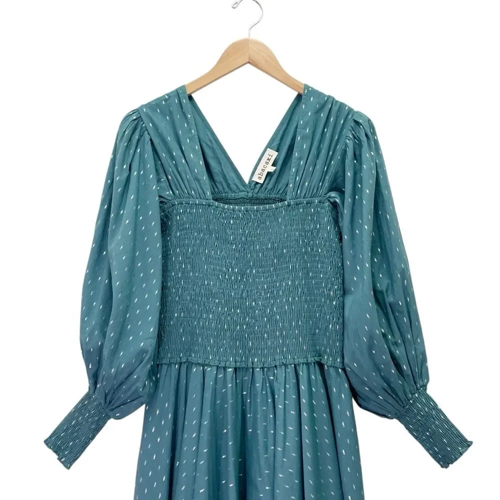 Abacaxi Eva Dress Teal Metallic Cotton Maxi Puff Sleeve Smocked Bodice Sz Large